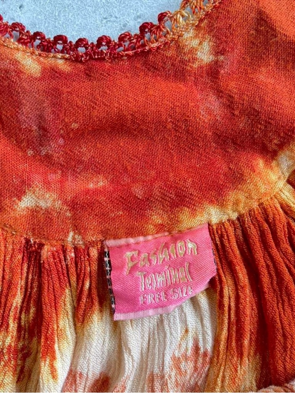 Earthy Boho Hippie Orange Green Tie Dye Embroidered Tunic Top Tank OS Summer - Picture 3 of 8
